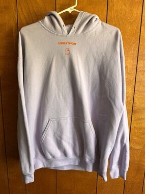 Lonely Ghost Lilac purple hoodie with orange text “Text me when you get home” L